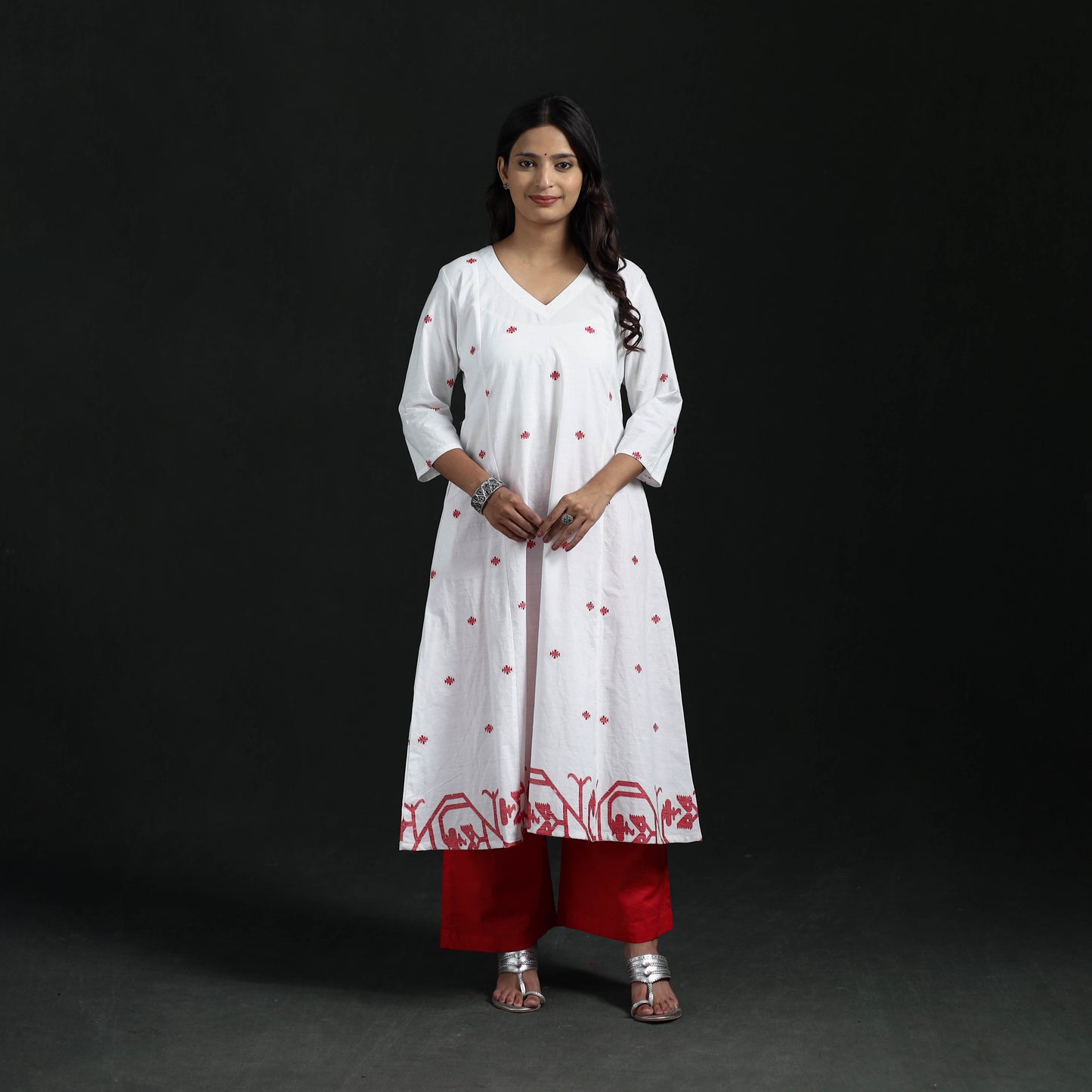 Hand Embroidered Jacquard Cotton A-Line Long Kurta for Women 06