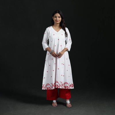 Hand Embroidered Jacquard Cotton A-Line Long Kurta for Women 06