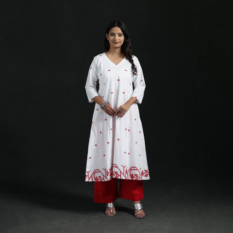 Hand Embroidered Jacquard Cotton A-Line Long Kurta for Women 06