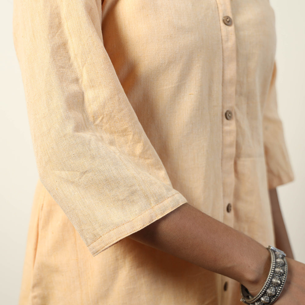 Beige - Jhiri Handloom Cotton A-Line Long Kurta