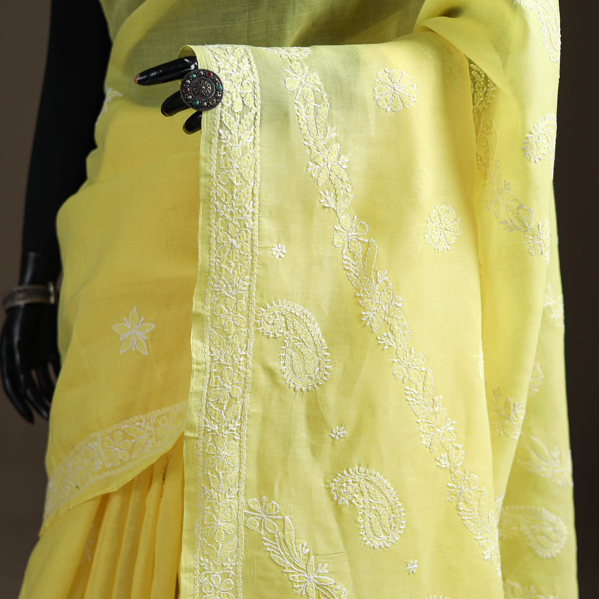 Yellow - Hand Embroidered Terivoile Cotton Lucknowi Chikankari Saree 04