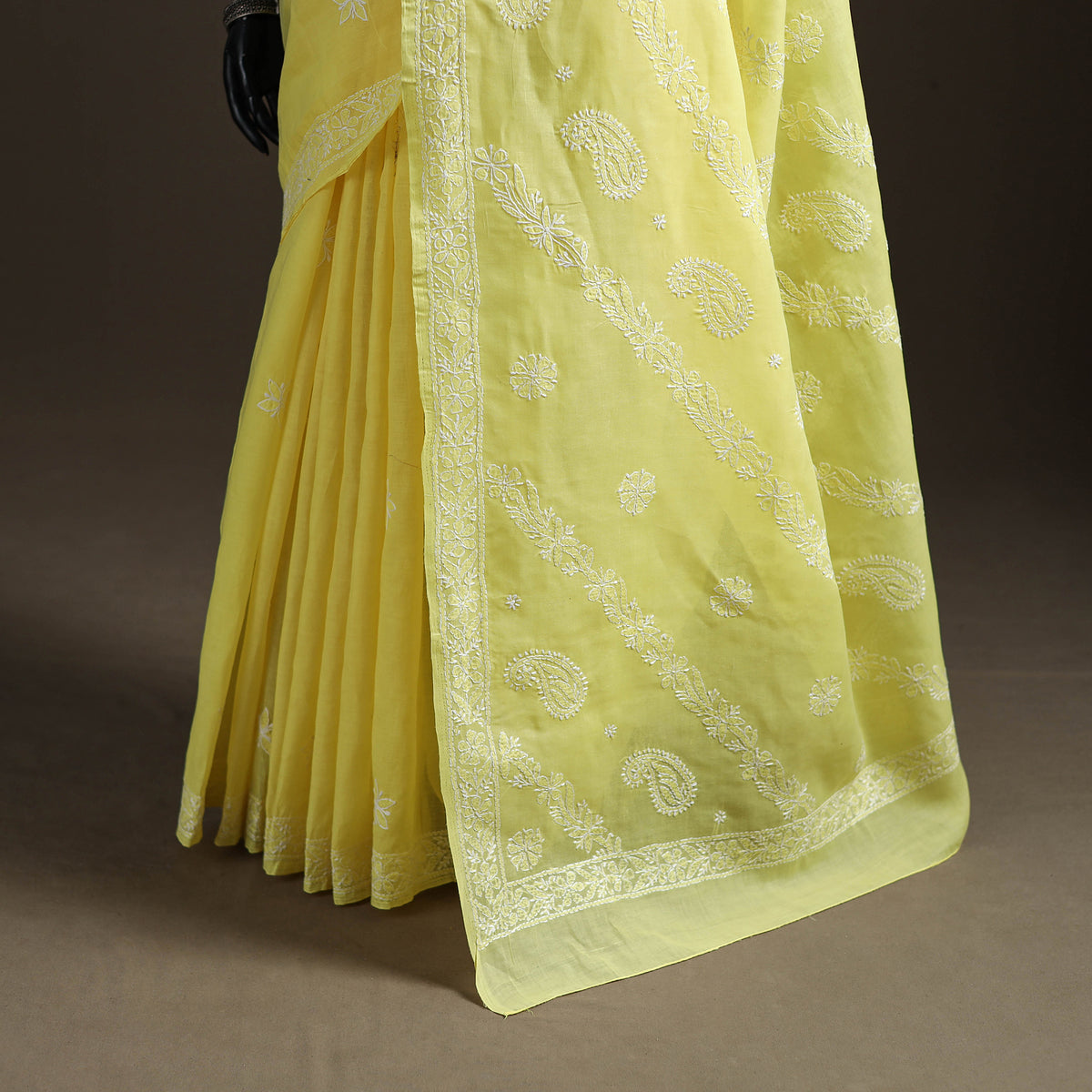 Yellow - Hand Embroidered Terivoile Cotton Lucknowi Chikankari Saree 04