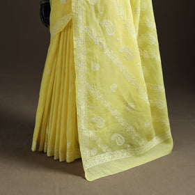 Yellow - Hand Embroidered Terivoile Cotton Lucknowi Chikankari Saree 04