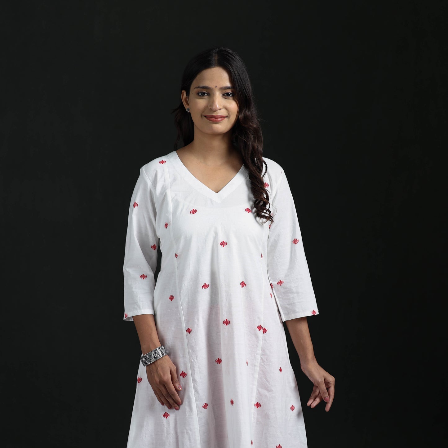 Hand Embroidered Jacquard Cotton A-Line Long Kurta for Women 06