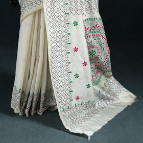 White - Bengal Hand Embroidery Silk Nakshi Kantha Saree 20