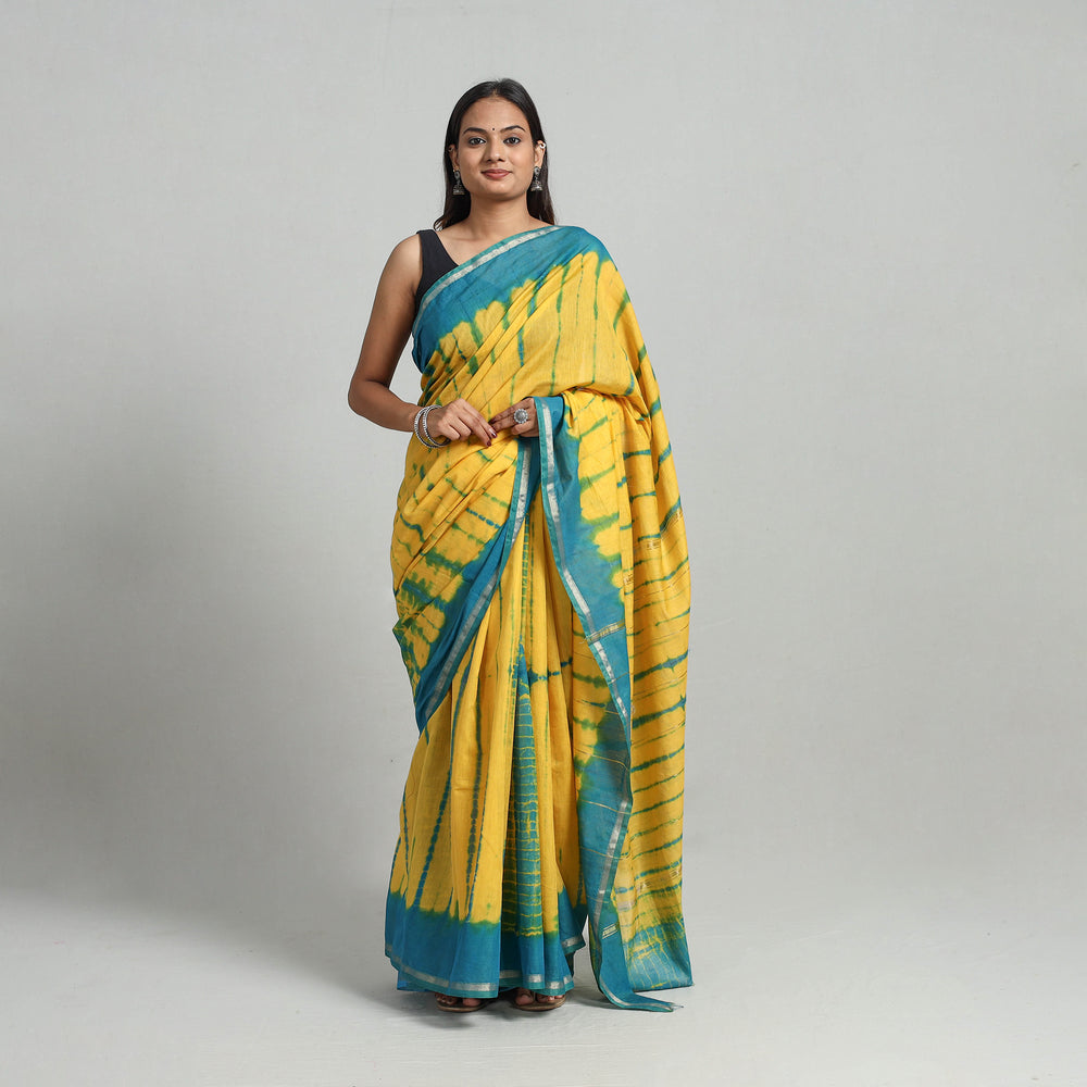 Yellow - Tie & Dye Chanderi Silk Shibori Saree with Zari Border 06