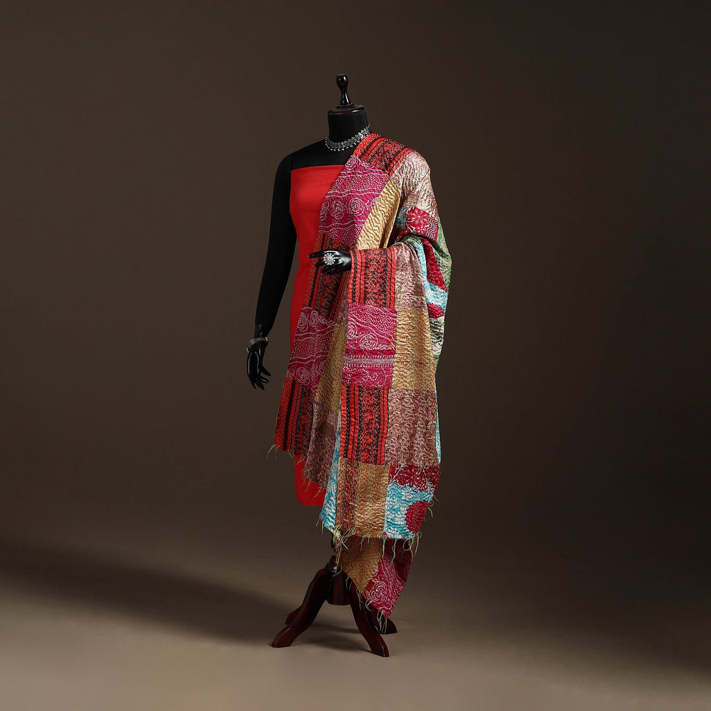 Multicolor - Bengal Hand Embroidery Patchwork Reversible Silk Kantha Dupatta 12