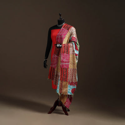 Multicolor - Bengal Hand Embroidery Patchwork Reversible Silk Kantha Dupatta 12