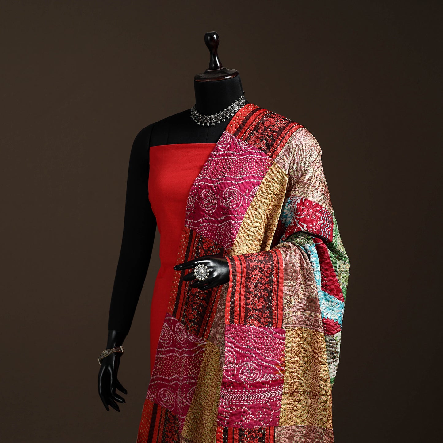 Multicolor - Bengal Hand Embroidery Patchwork Reversible Silk Kantha Dupatta 12