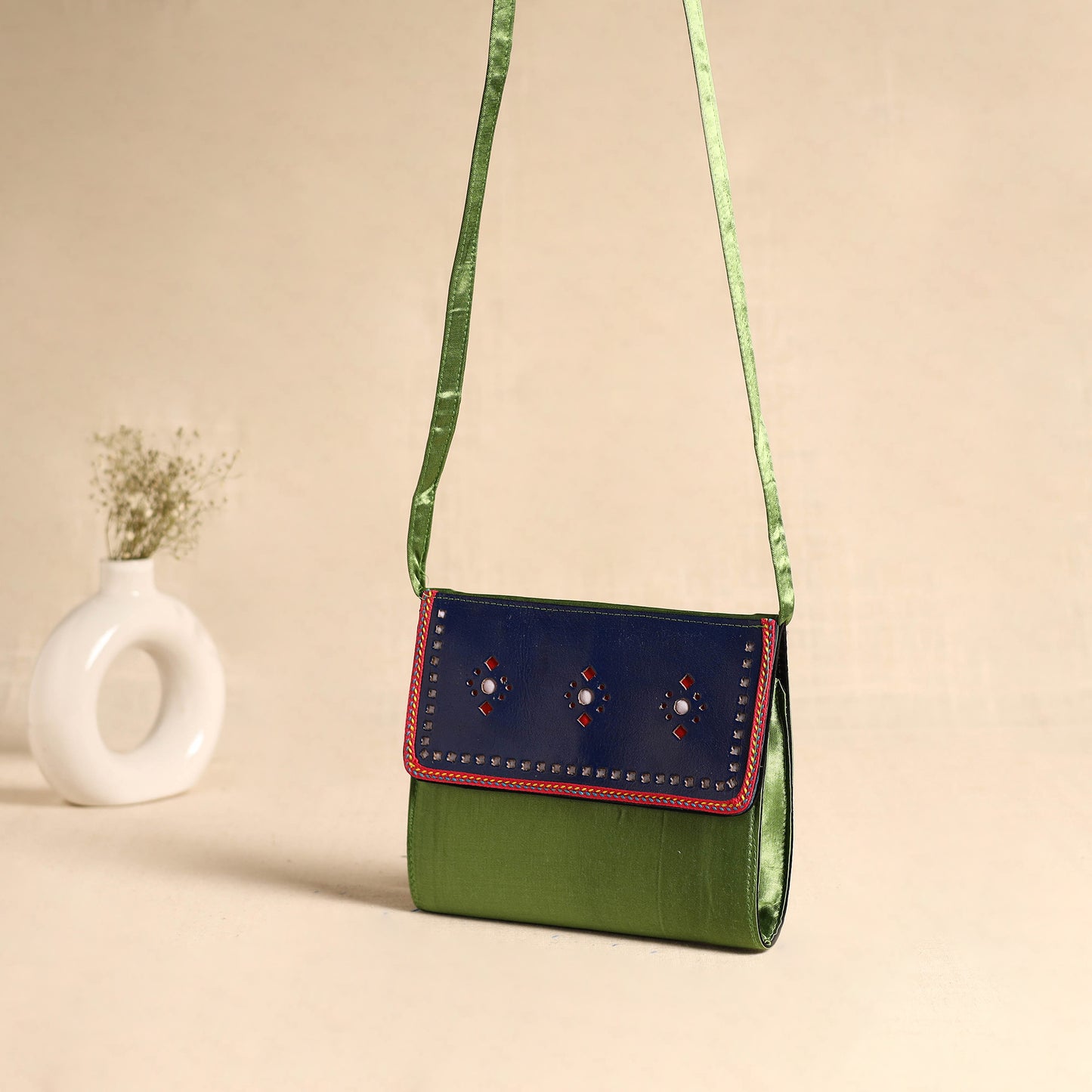 Traditional Kutch Mashru Silk Leather Flap Sling Bag 17