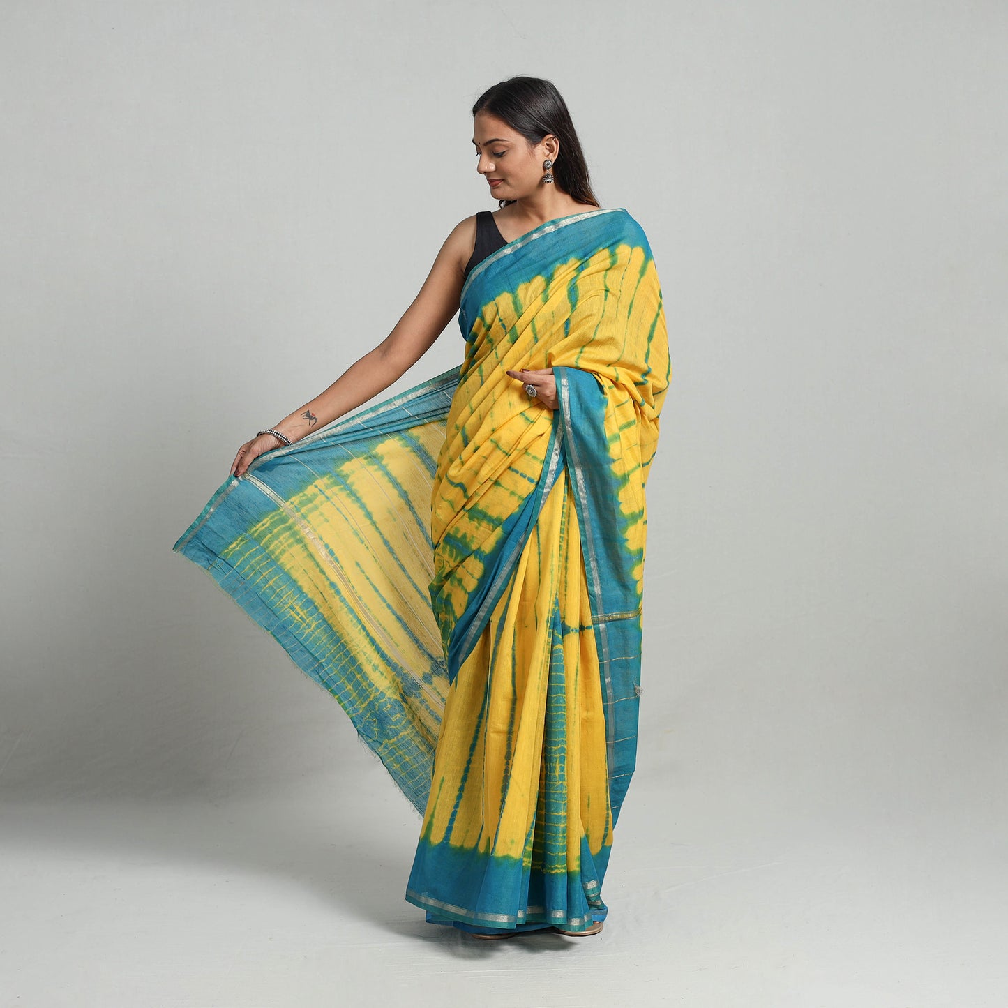 Yellow - Tie & Dye Chanderi Silk Shibori Saree with Zari Border 06