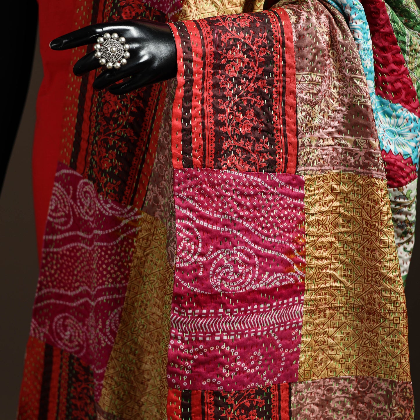 Multicolor - Bengal Hand Embroidery Patchwork Reversible Silk Kantha Dupatta 12