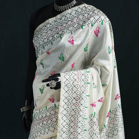 White - Bengal Hand Embroidery Silk Nakshi Kantha Saree 21