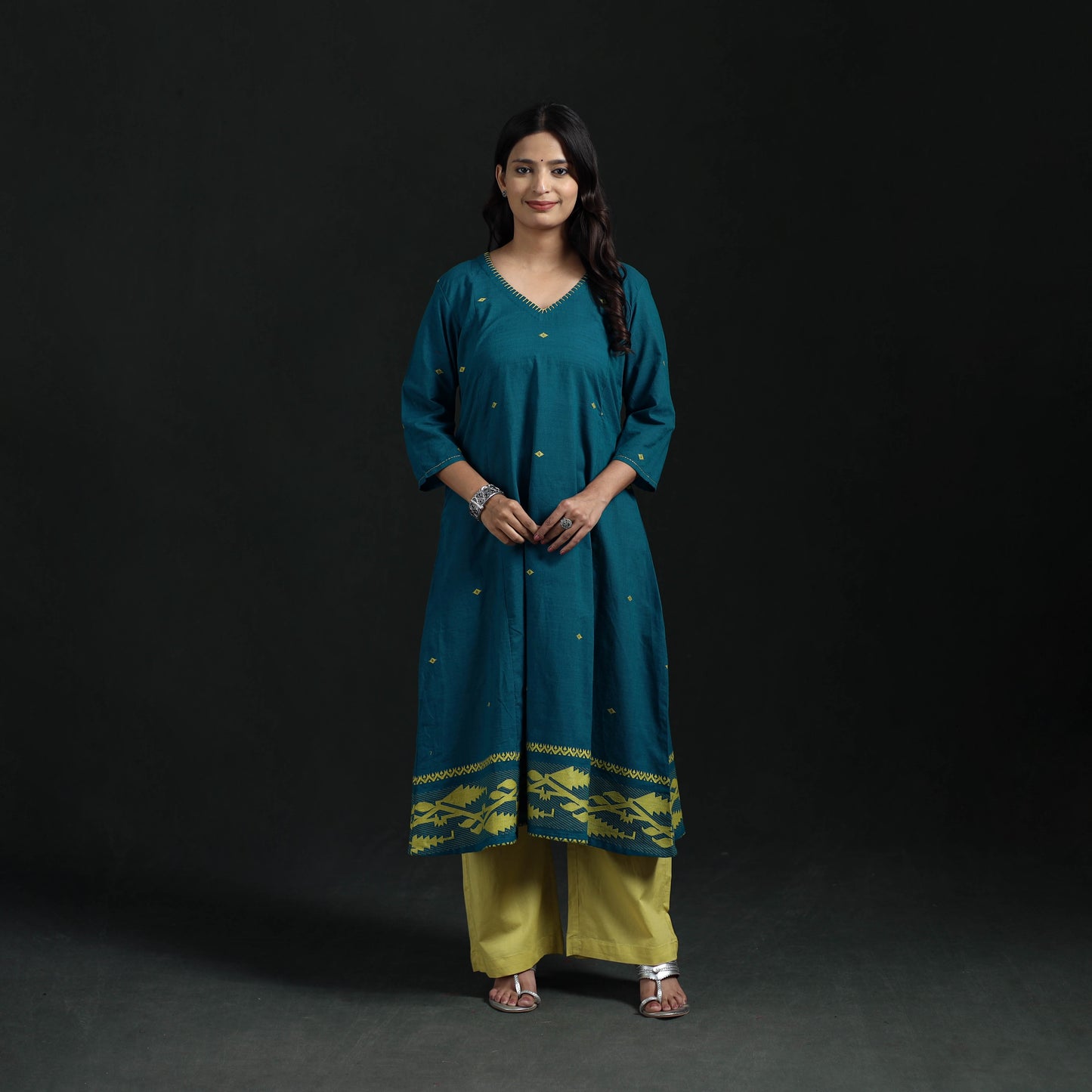 Hand Embroidered Jacquard Cotton A-Line Long Kurta for Women 04
