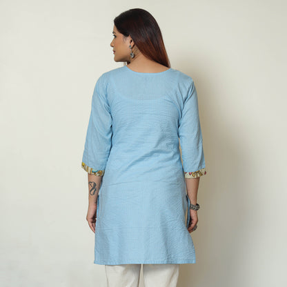 Blue - Srikalahasti Kalamkari Patchwork Running Stitch Plain Cotton Short Kurta 10