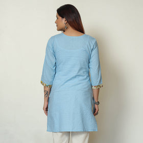 Blue - Srikalahasti Kalamkari Patchwork Running Stitch Plain Cotton Short Kurta 10