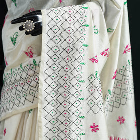 White - Bengal Hand Embroidery Silk Nakshi Kantha Saree 21