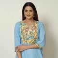 Blue - Srikalahasti Kalamkari Patchwork Running Stitch Plain Cotton Short Kurta 10