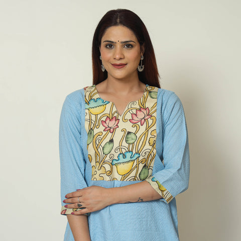 Blue - Srikalahasti Kalamkari Patchwork Running Stitch Plain Cotton Short Kurta 10