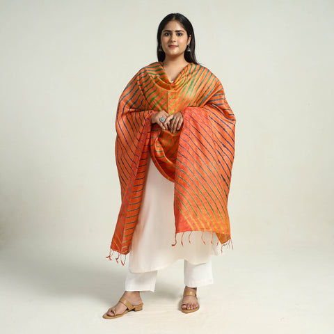 Orange Traditional Tie & Dye Tussar Silk Leheriya Dupatta