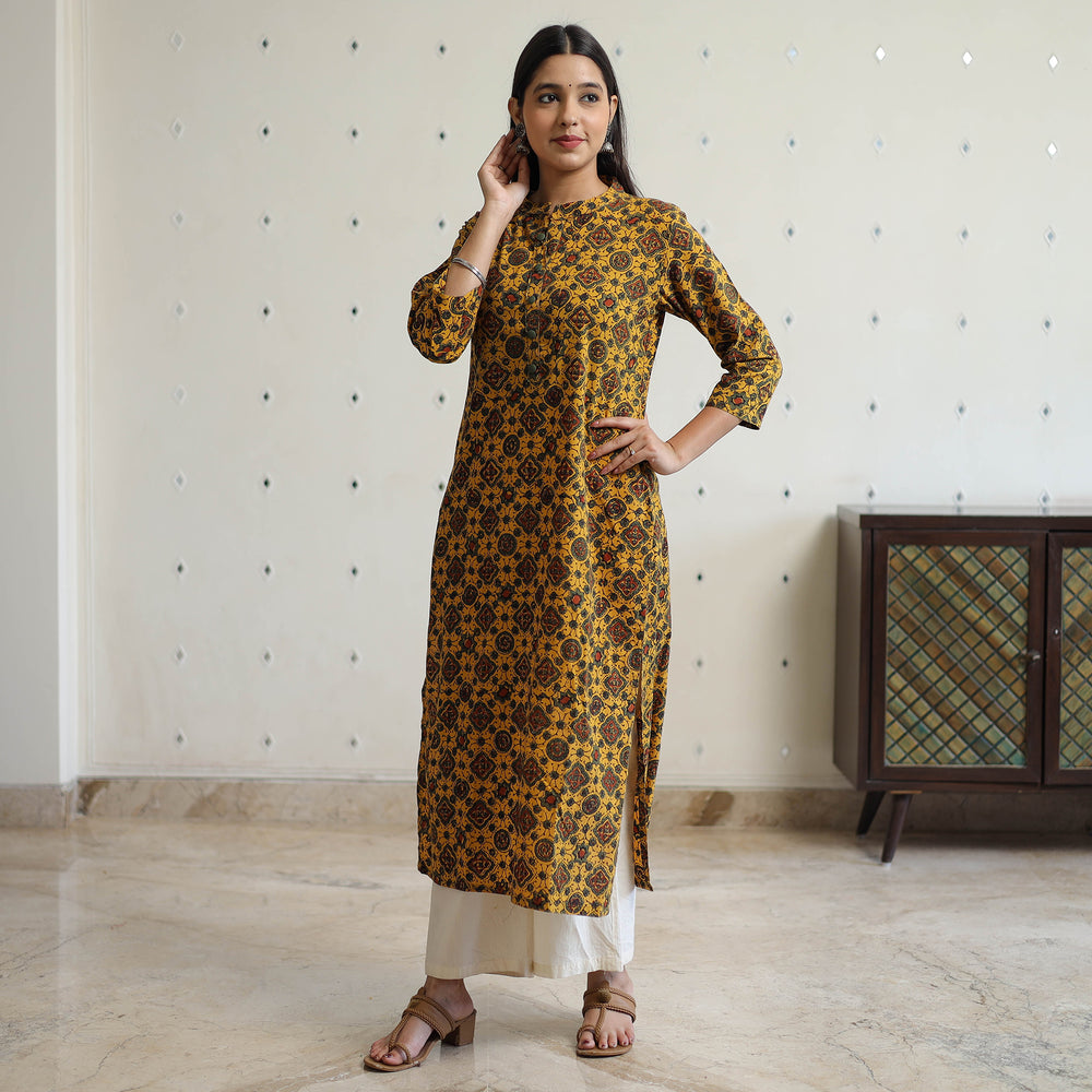 Yellow - Ajrakh Block Printed Cotton Straight Long Kurta 10