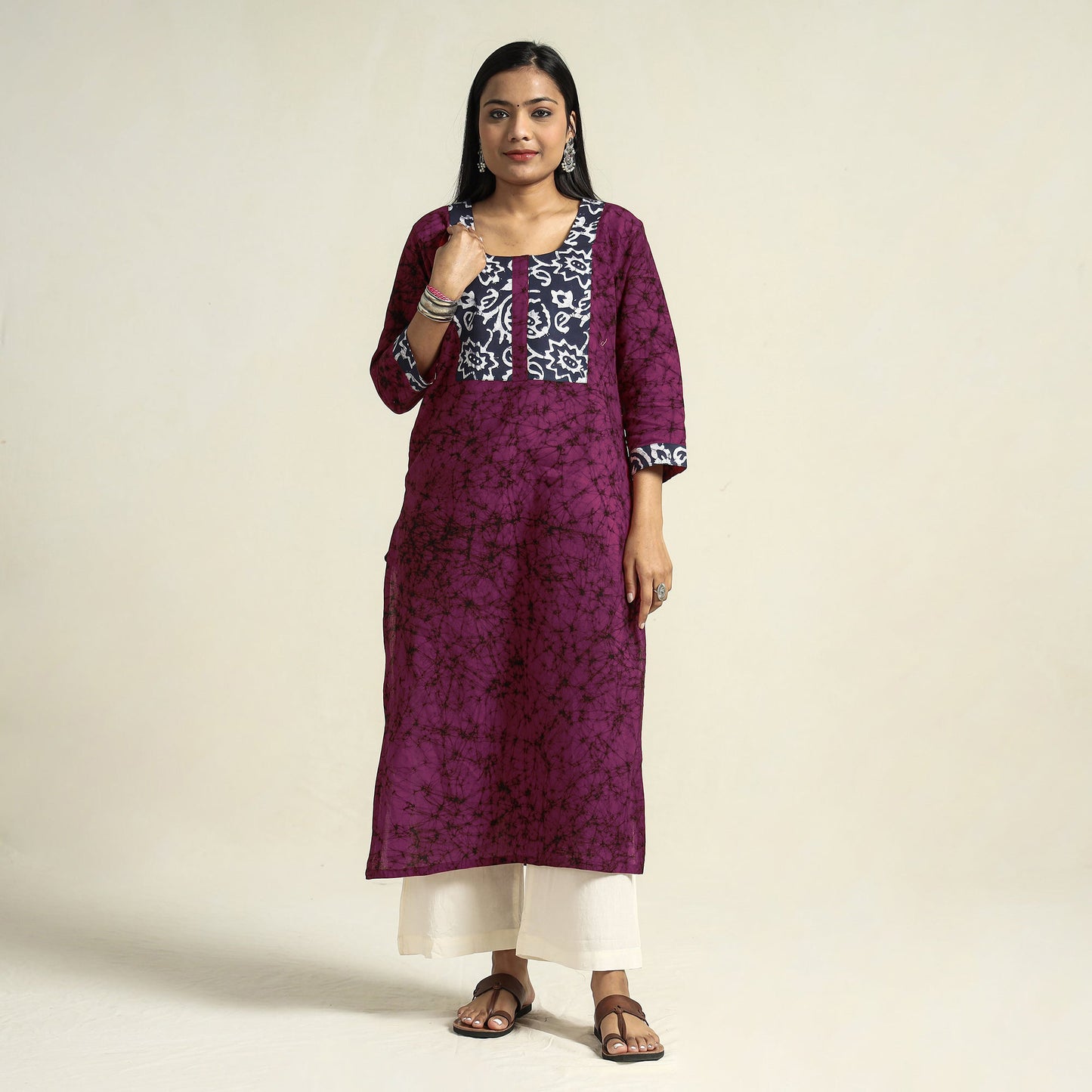 Dark Red - Kutch Batik Printed Cotton Straight Kurta