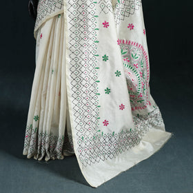 White - Bengal Hand Embroidery Silk Nakshi Kantha Saree 21