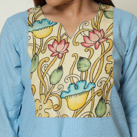 Blue - Srikalahasti Kalamkari Patchwork Running Stitch Plain Cotton Short Kurta 10