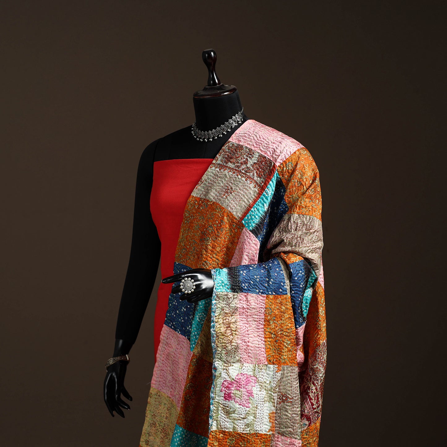 Multicolor - Bengal Hand Embroidery Patchwork Reversible Silk Kantha Dupatta 13