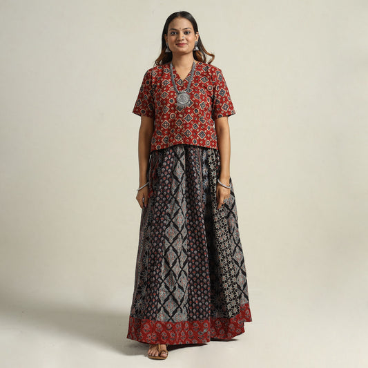 Black - Ajrakh Block Printed 24 Kali Patchwork Cotton Long Skirt 84
