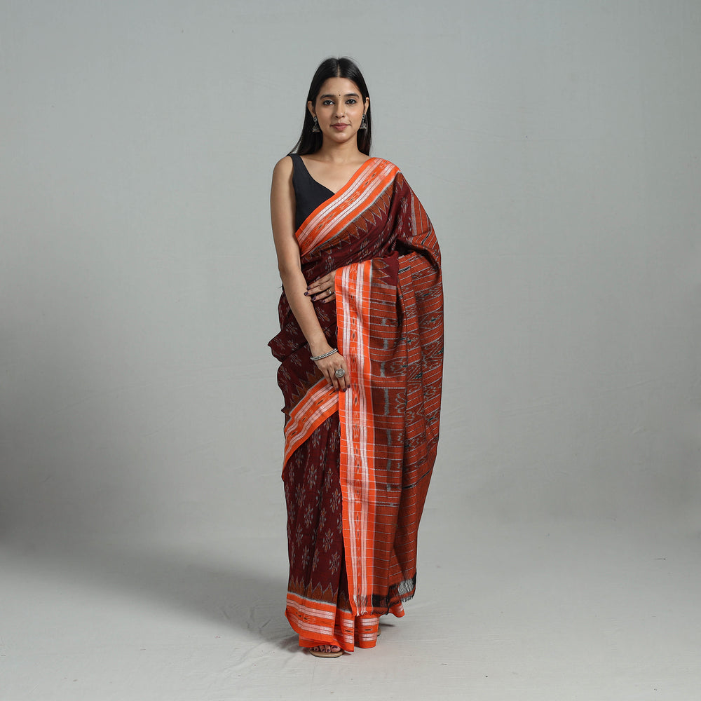 Maroon - Ikat Weave Handloom Cotton Sambalpuri Saree 09