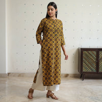 Yellow - Ajrakh Block Printed Cotton Straight Long Kurta 10