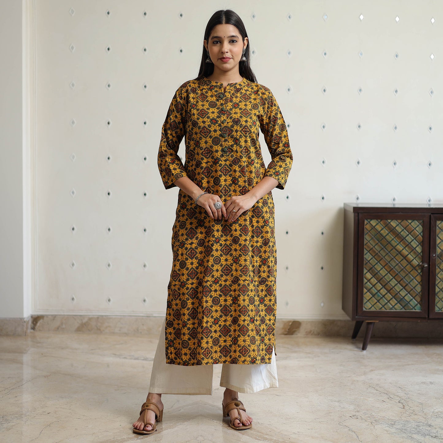 Yellow - Ajrakh Block Printed Cotton Straight Long Kurta 10