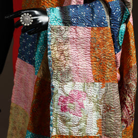 Multicolor - Bengal Hand Embroidery Patchwork Reversible Silk Kantha Dupatta 13