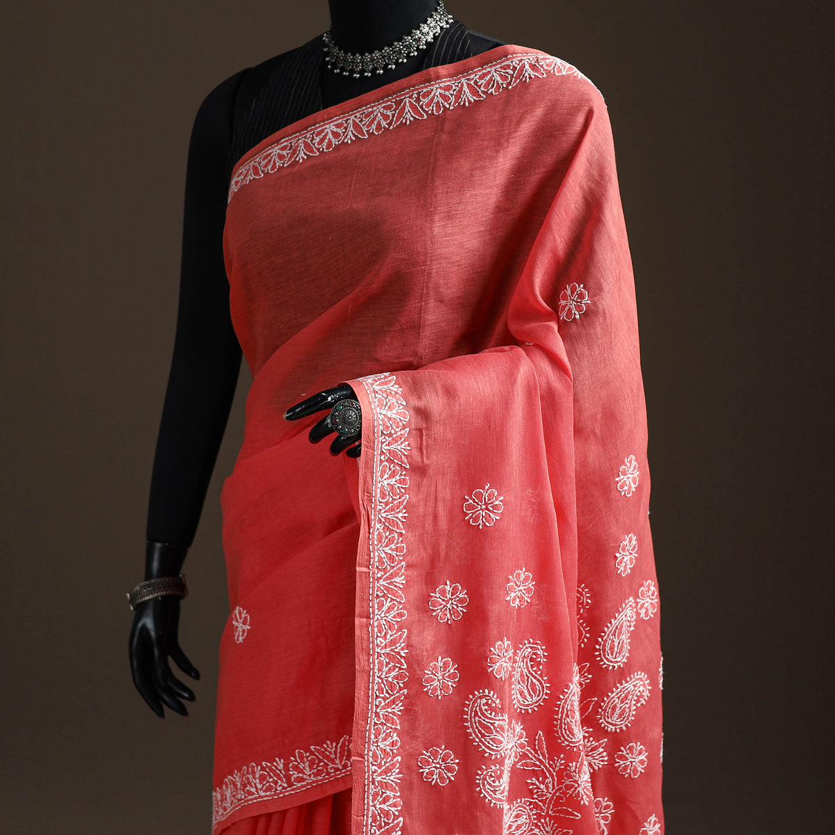 Hand Embroidered Terivoile Cotton Lucknowi Chikankari Saree 06