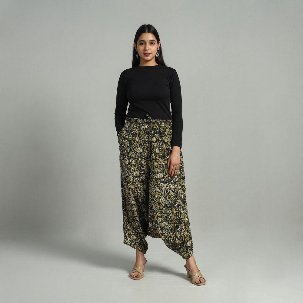 Black - Bagru Block Print Cotton Elasticated Harem Pant 06