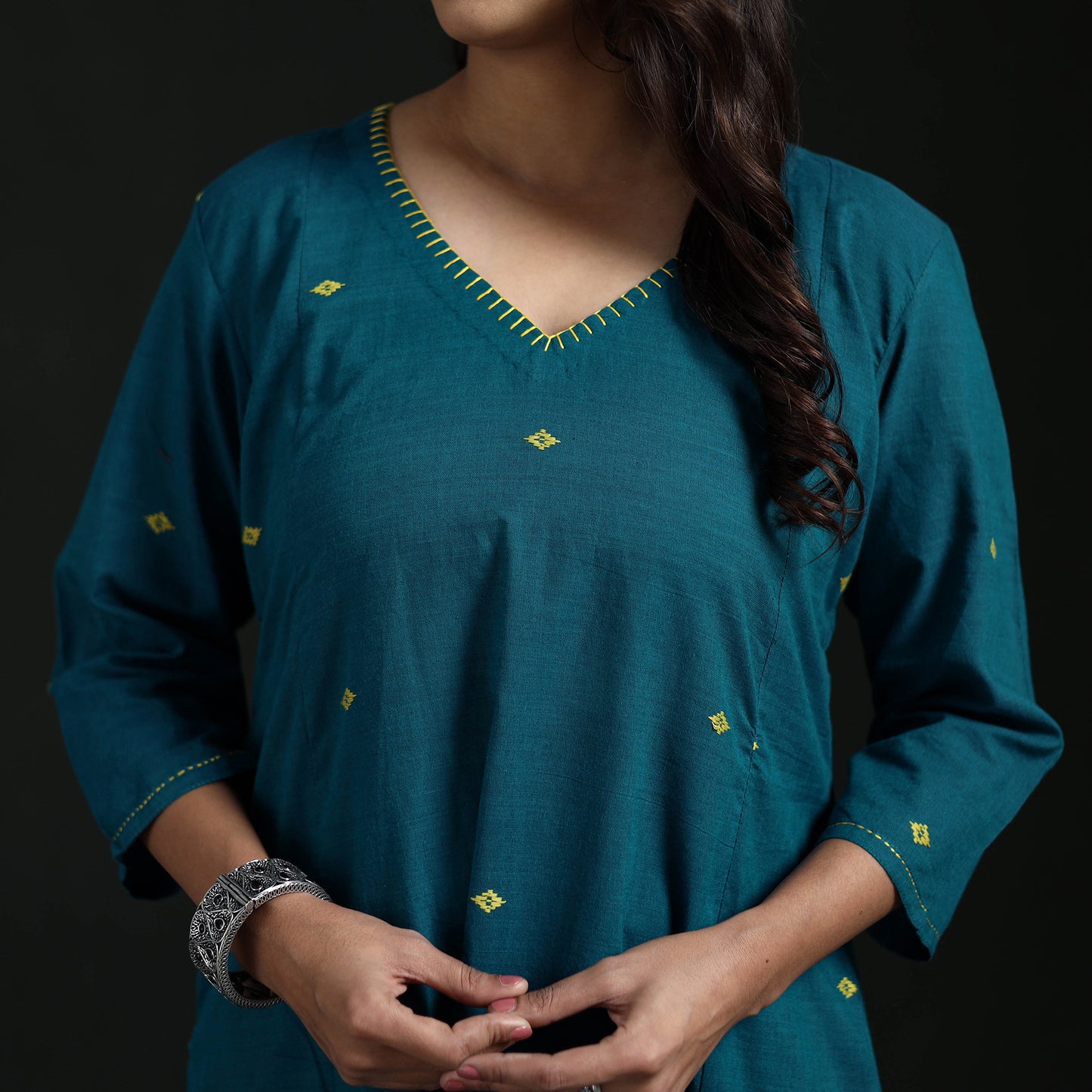 Hand Embroidered Jacquard Cotton A-Line Long Kurta for Women 04