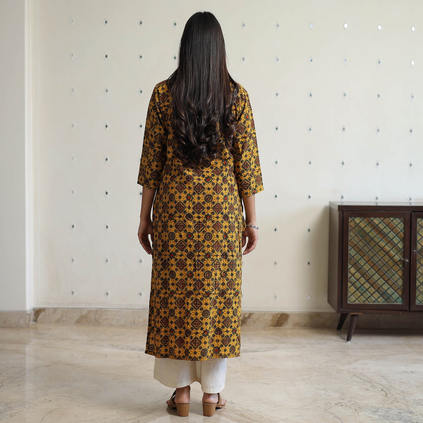 Yellow - Ajrakh Block Printed Cotton Straight Long Kurta 10