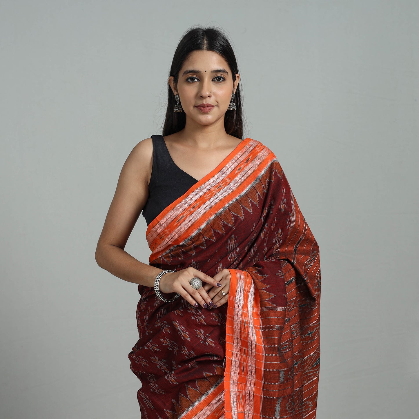 Maroon - Ikat Weave Handloom Cotton Sambalpuri Saree 10