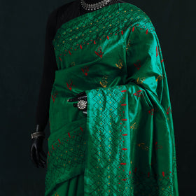 Green - Bengal Hand Embroidery Silk Nakshi Kantha Saree 22