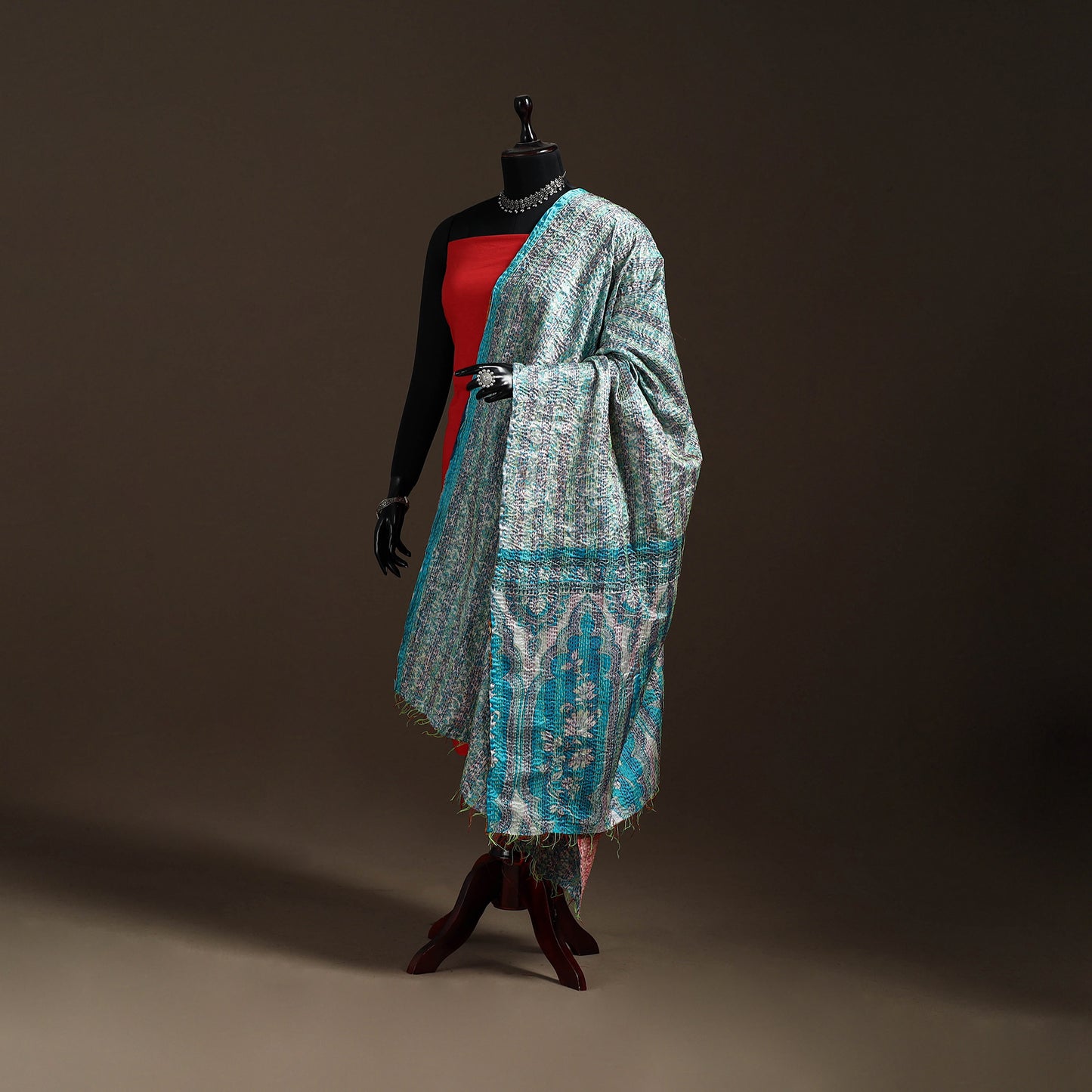 Multicolor - Bengal Hand Embroidery Patchwork Reversible Silk Kantha Dupatta 13