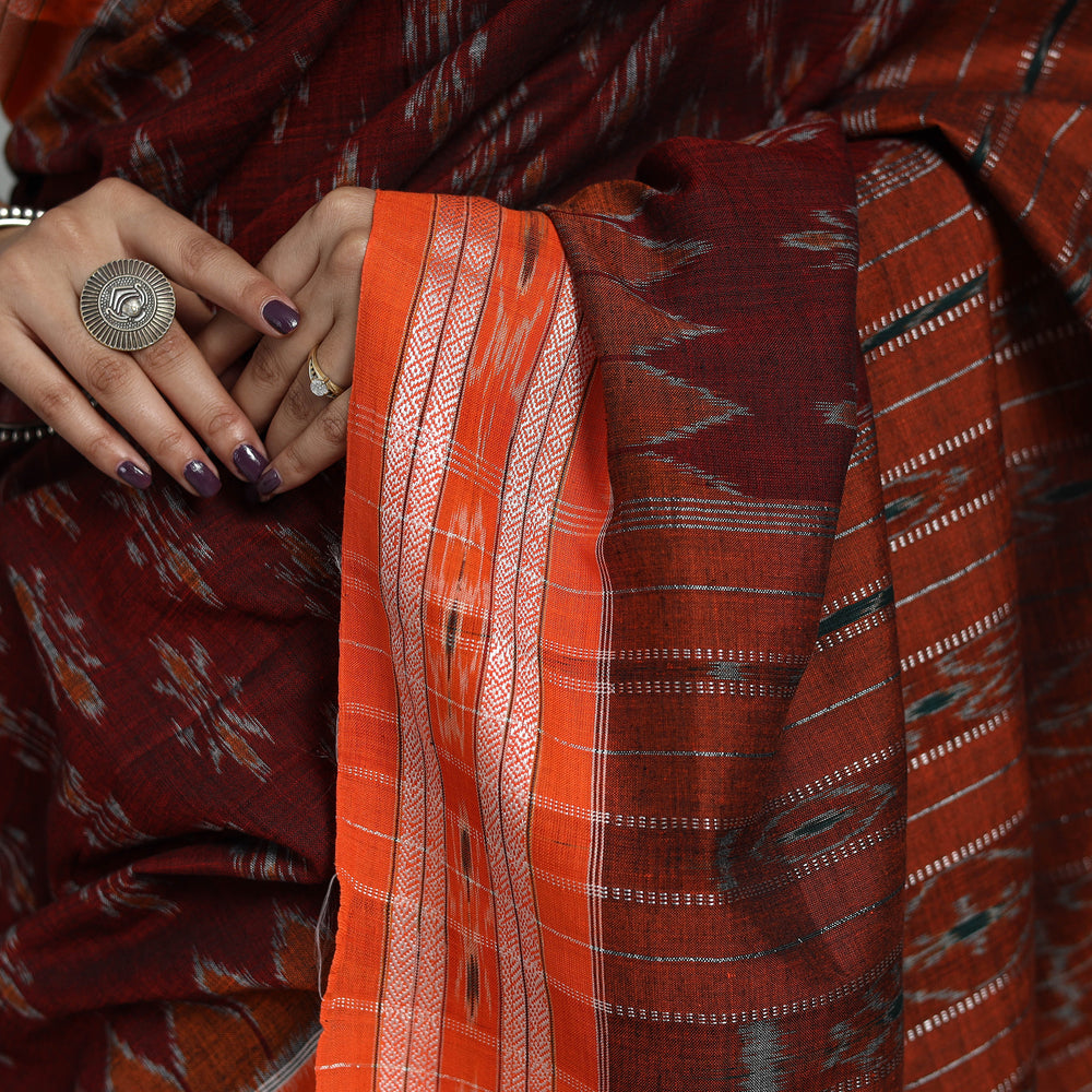 Maroon - Ikat Weave Handloom Cotton Sambalpuri Saree 09