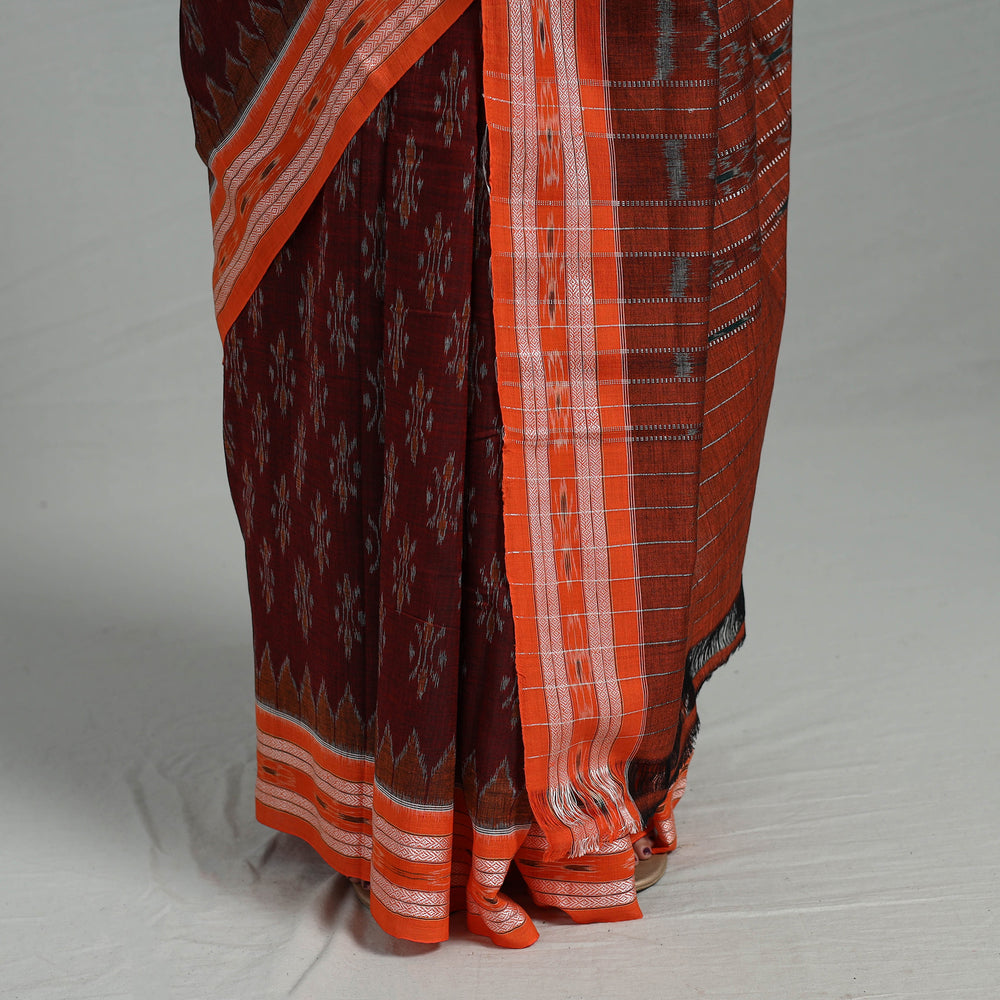 Maroon - Ikat Weave Handloom Cotton Sambalpuri Saree 10