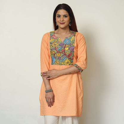 Orange - Srikalahasti Kalamkari Patchwork Running Stitch Plain Cotton Short Kurta 09
