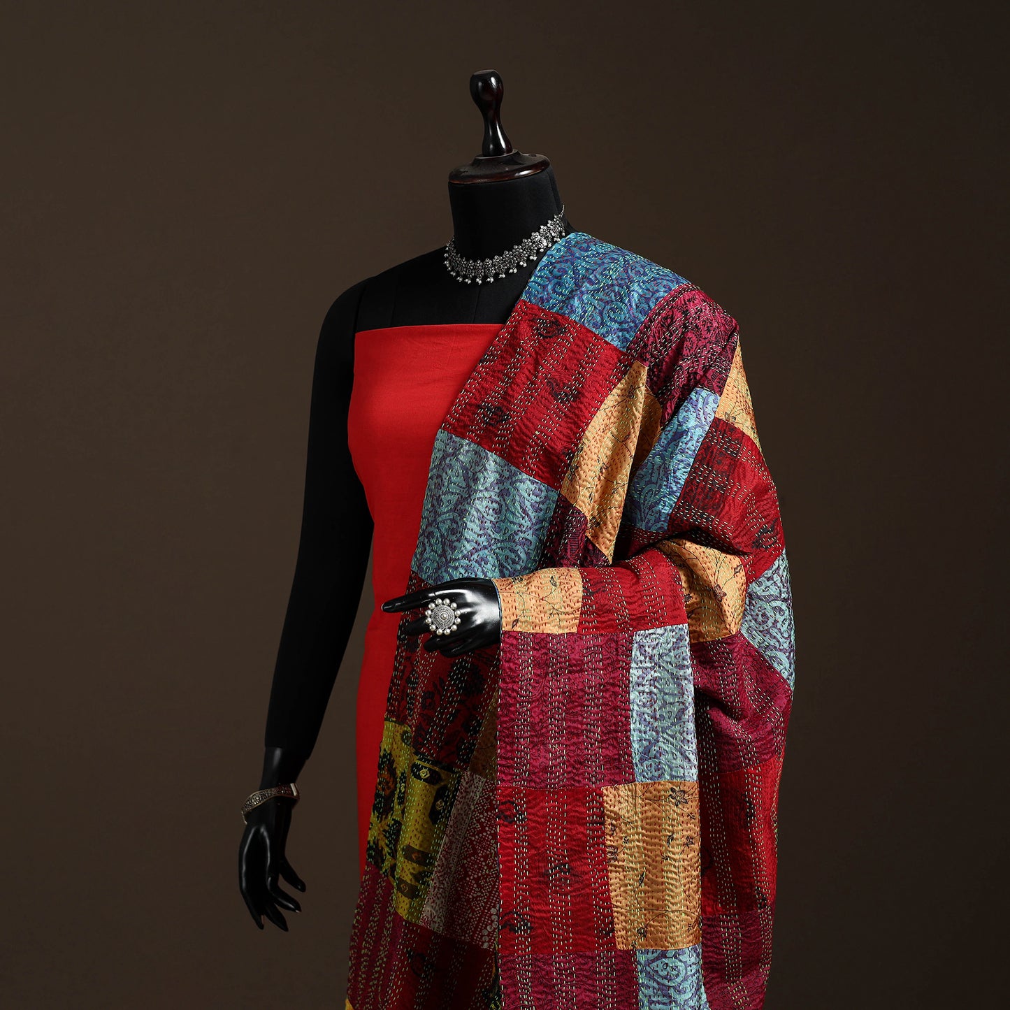 Bengal Hand Embroidery Patchwork Reversible Silk Kantha Dupatta 14