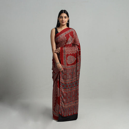 Natural Dyed Hand Block Print Modal Silk Ajrakh Saree 18