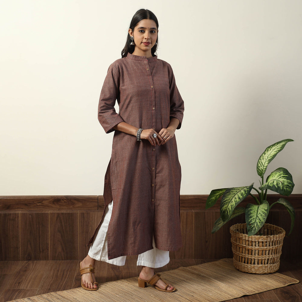 Dark Brown - Jhiri Handloom Cotton Straight Long Kurta