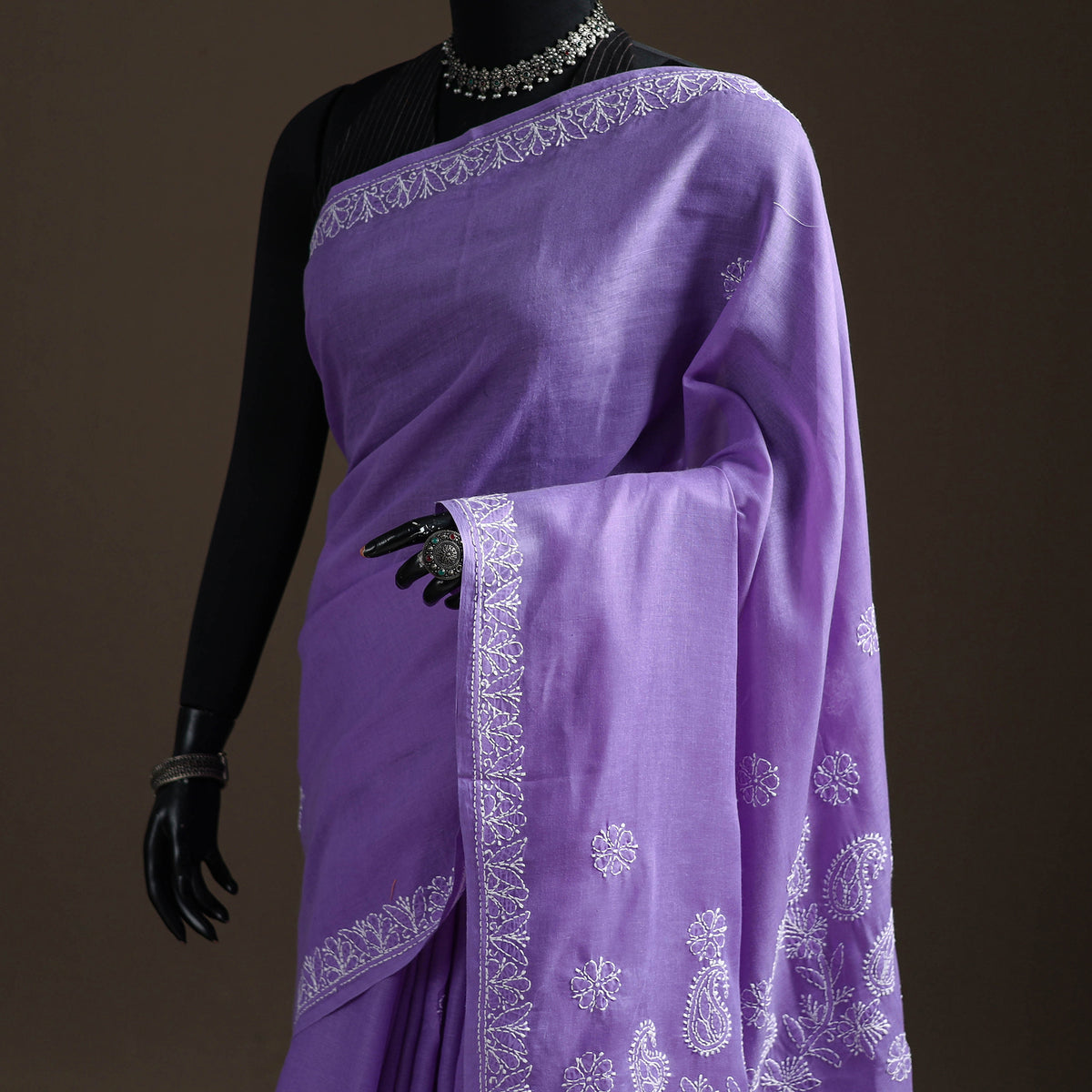 Hand Embroidered Terivoile Cotton Lucknowi Chikankari Saree 07