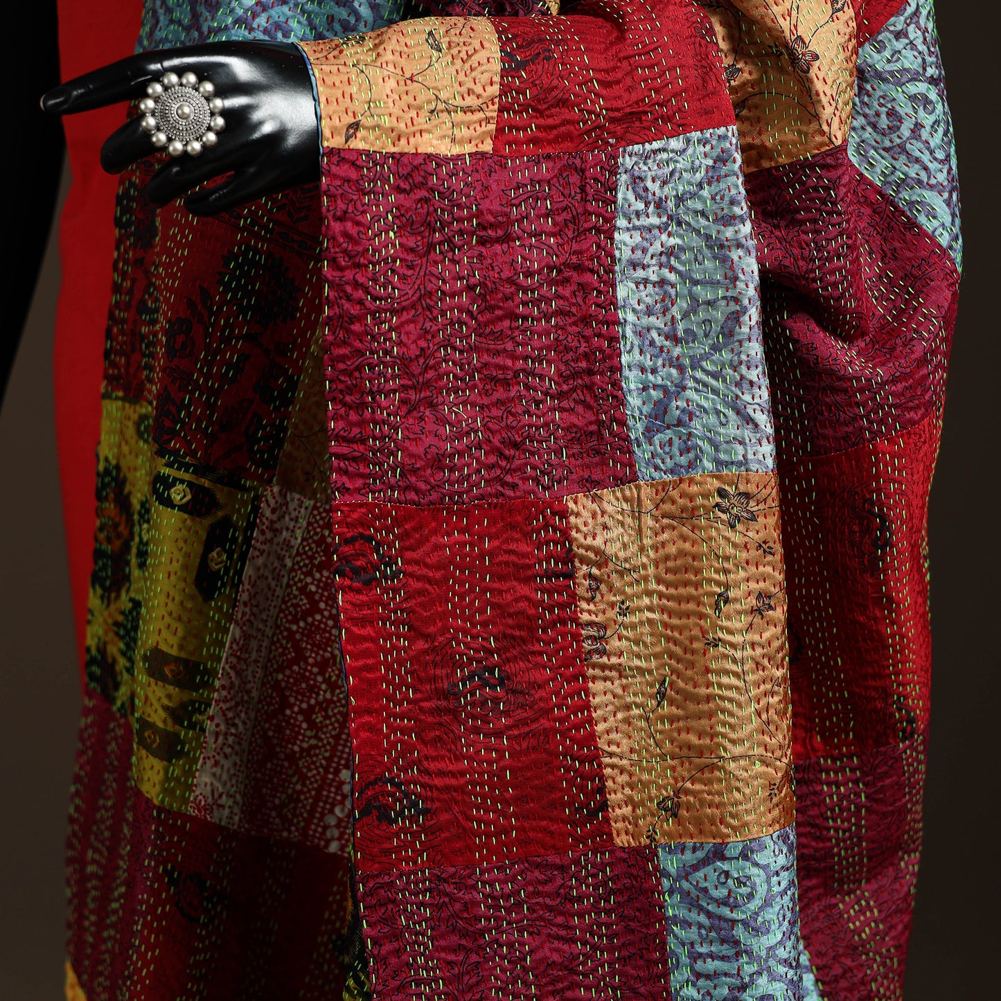 Bengal Hand Embroidery Patchwork Reversible Silk Kantha Dupatta 14