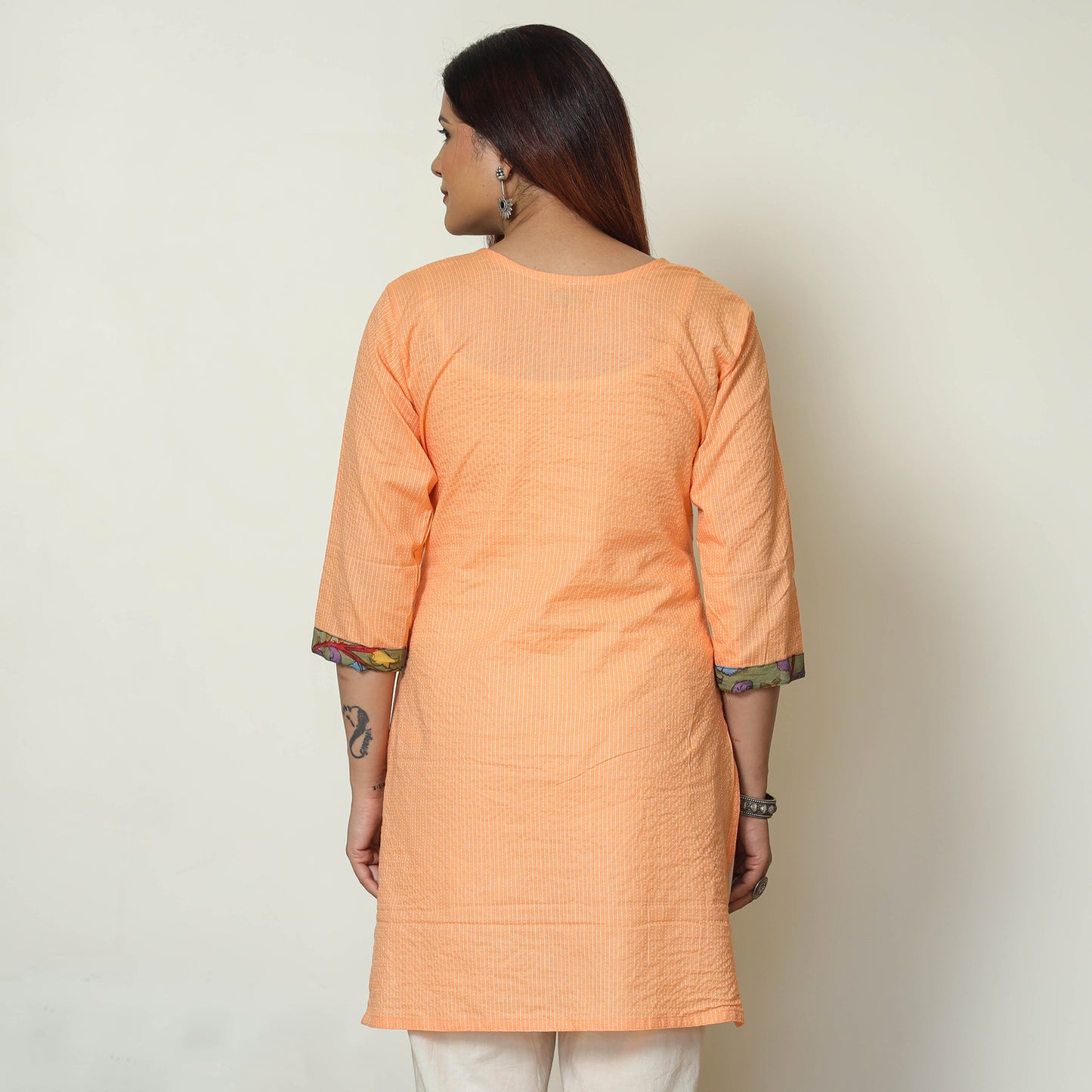 Orange - Srikalahasti Kalamkari Patchwork Running Stitch Plain Cotton Short Kurta 09